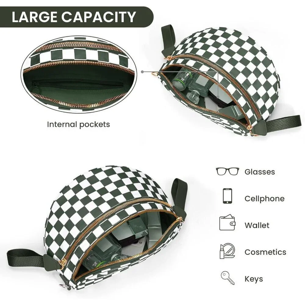 Checkered Nylon Crossbody Bag for Women Adjustable Strap Waterproof